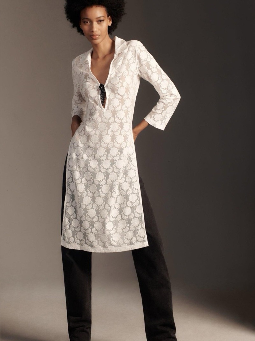 NWT. Anthropologie. Sheer Lace Tunic Top. White. Size Large.